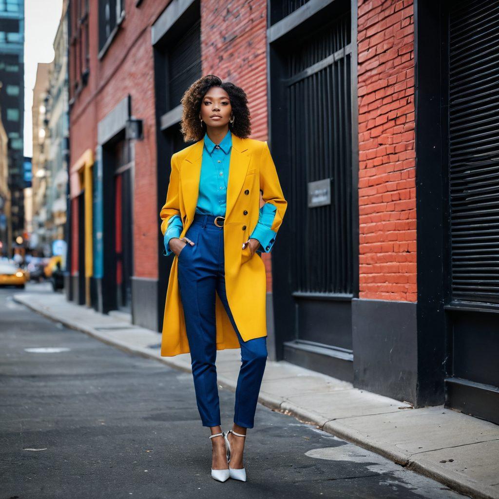 A professional model posing confidently against a sleek urban backdrop, showcasing a diverse range of outfits and styles that highlight individuality. Include creative elements like a camera capturing the moment, mood boards on the side, and dynamic poses to convey versatility. Emphasize vibrant colors and textures to make the image pop, creating an inspiring atmosphere for budding models. super-realistic. vibrant colors. urban setting.