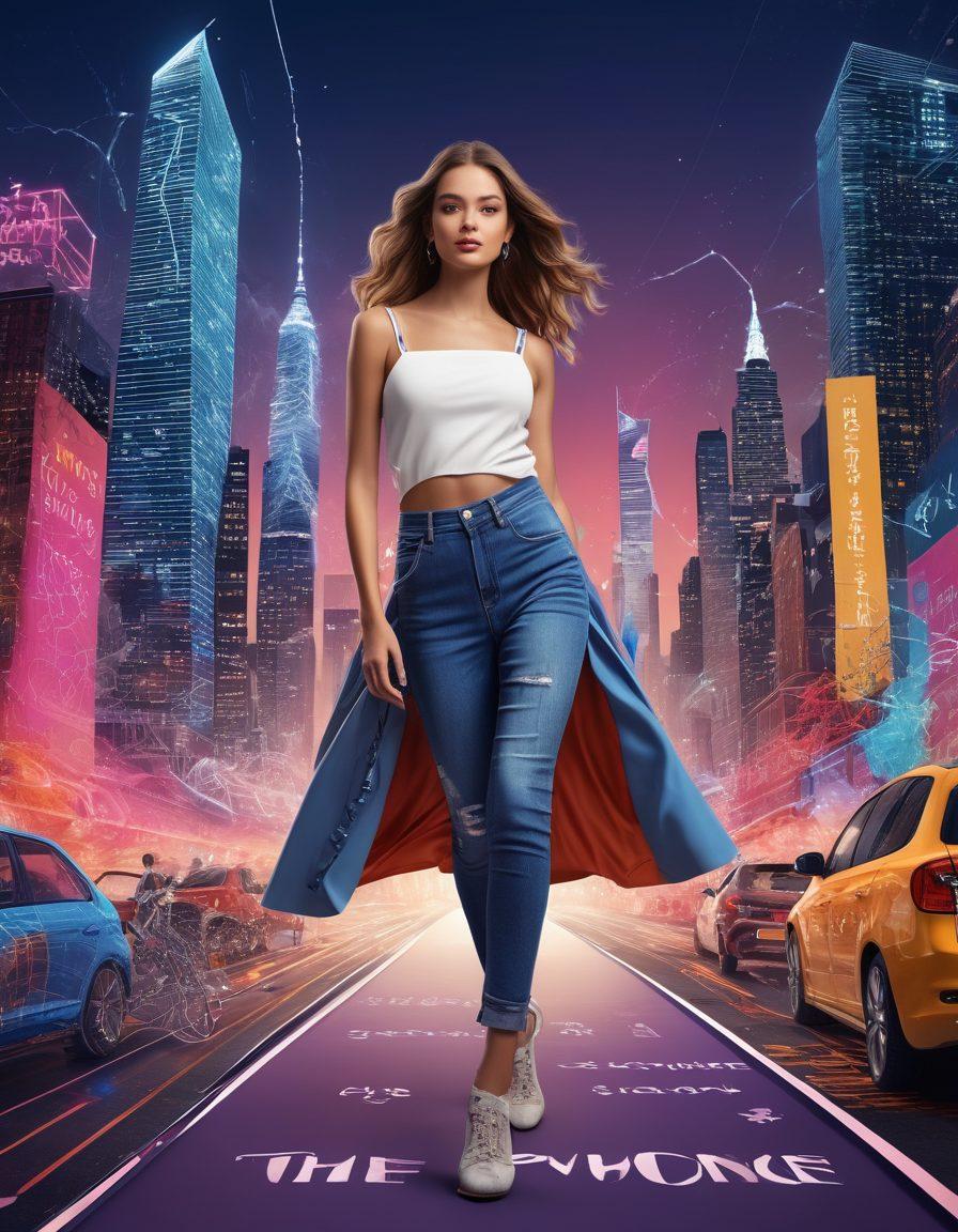 A confident model in a dynamic pose on a catwalk, surrounded by fashion items and sketches flowing like a wave around her. The backdrop features a vibrant, bustling city skyline with lights, symbolizing opportunity. Include inspiring motivational phrases in stylish fonts subtly integrated into the scene. super-realistic. vibrant colors. 3D.